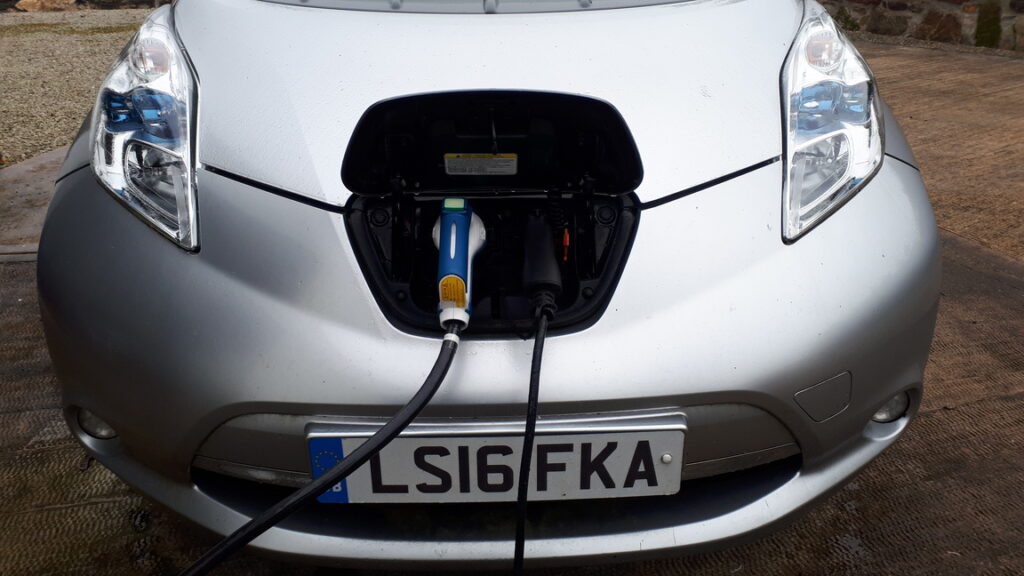 Lisa the LEAF plugged in via both CHAdeMO and a "granny" cable